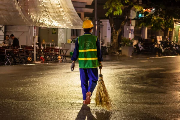 Nettoyage Des Rues Avec Balai Vietnam Décembre 2019 — Photo