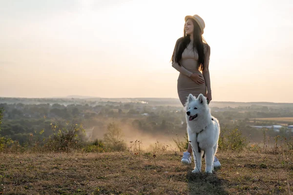 Atractiva chica morena en vestido beige y sombrero se encuentra entre el campo con perro samoed, hermoso paisaje en el fondo — Foto de Stock