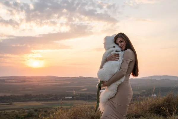 Carino ragazza bruna in abito beige abbraccia il suo cucciolo samoed, bel tramonto sullo sfondo — Foto Stock