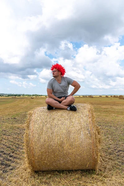 Молодой человек в красном парике и очках, одетый в серую футболку сидит на круглом стоге сена в позе лотоса среди поля — стоковое фото