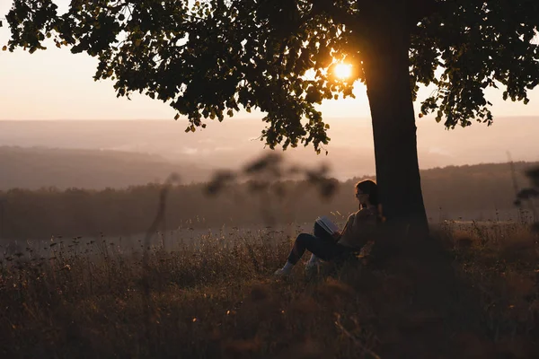Paesaggio incredibile, giovane ragazza con libro seduto sotto un grande albero, foresta colorata e tramonto sullo sfondo — Foto Stock