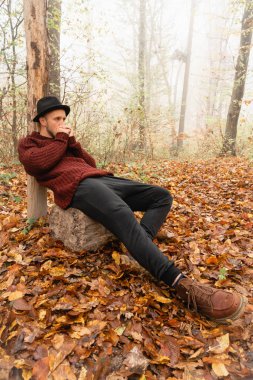 Siyah şapkalı ve kırmızı kazaklı genç şık adam sisli bir şekilde ormanın ortasında oturuyor ve başka tarafa bakıyor.