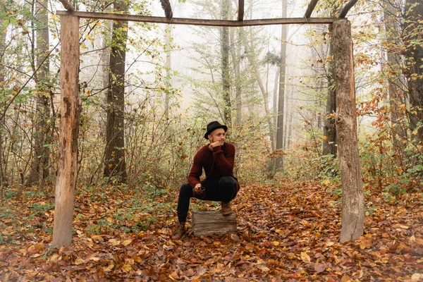 Guapo yound elegante hombre en sombrero negro y suéter rojo agachado en el muñón entre el colorido bosque — Foto de Stock