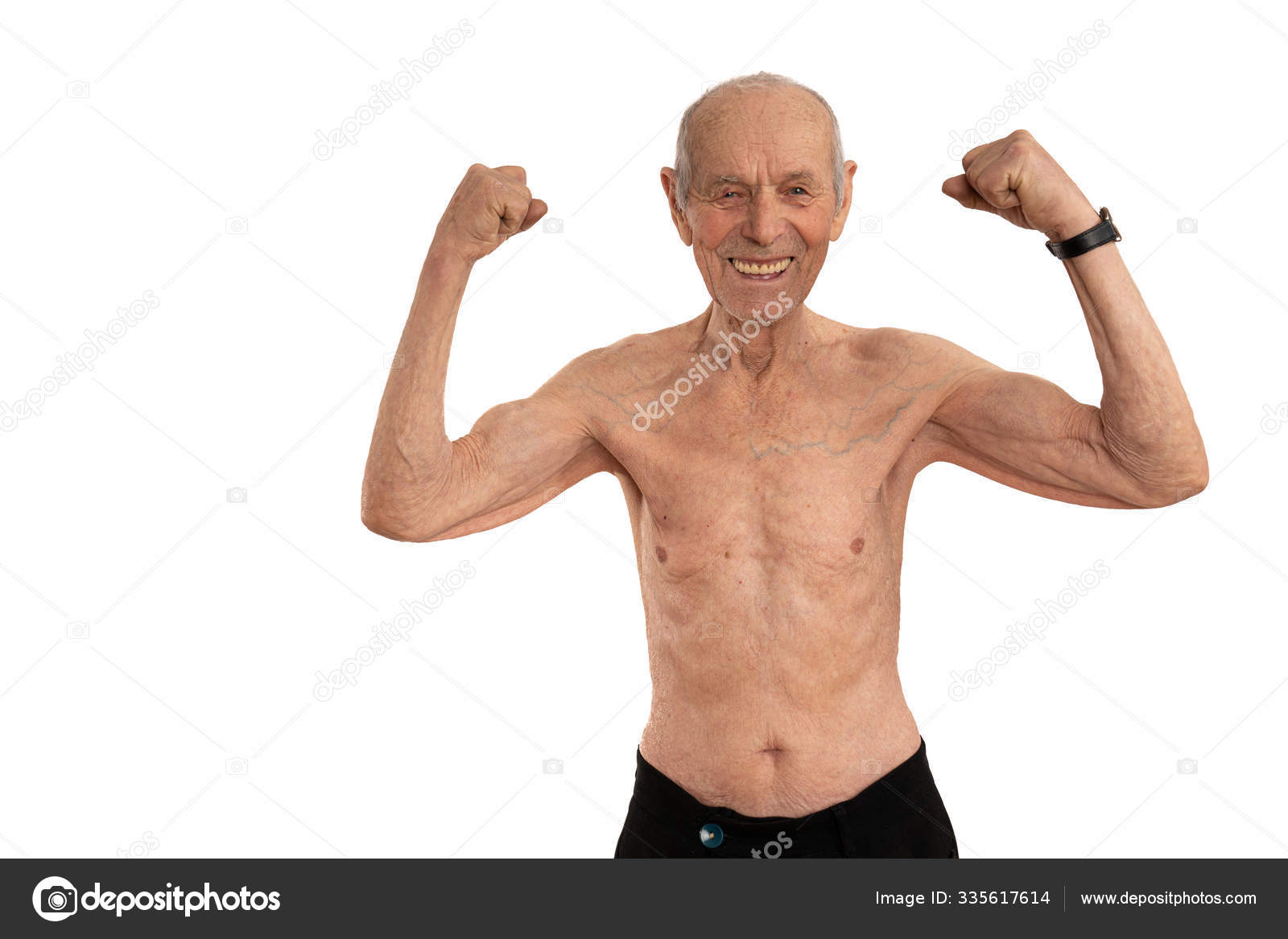 shirtless old man, senior showing his biceps and looking at the camera isol...