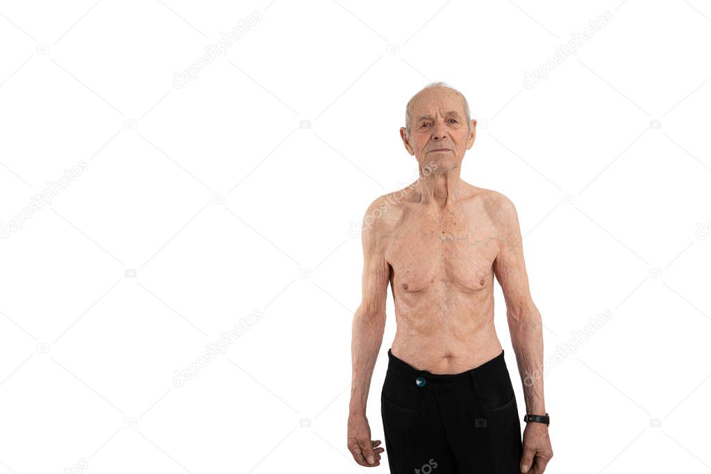 Confident calmy old shirtless man looking at the camera, isolated over white background, copyspace for your text