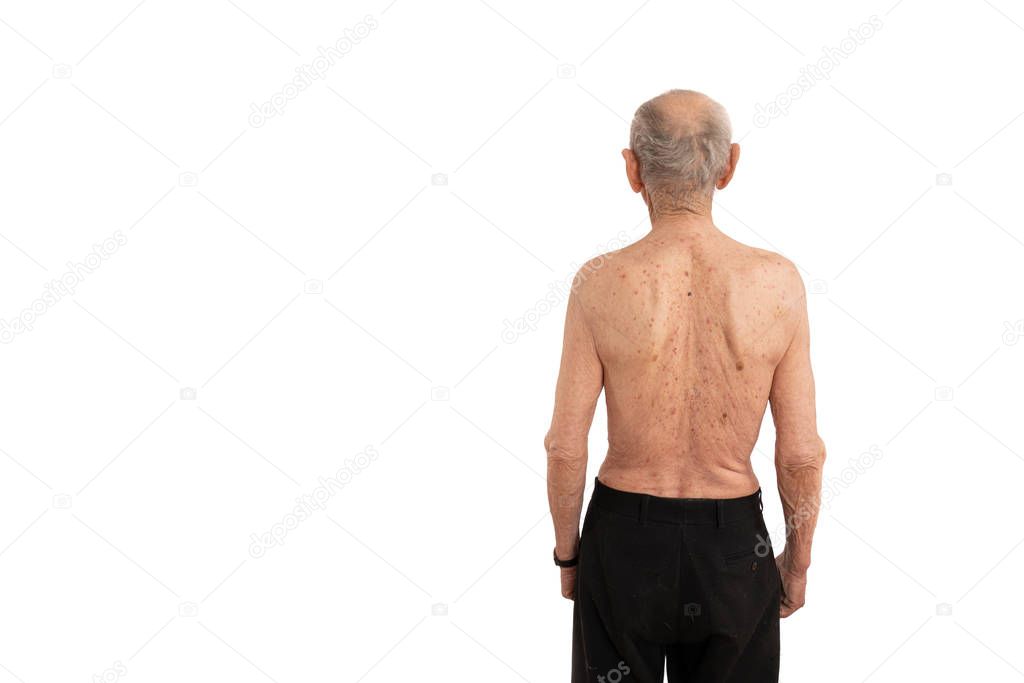 Old man with white hair, shirtless senior stands back to the camera isolated over white background, copyspace for your text