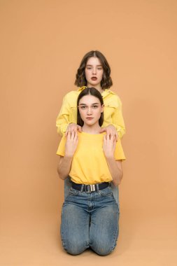 Two brunette sisters sitting on the ground one by one and looking at the camera, isolated over background