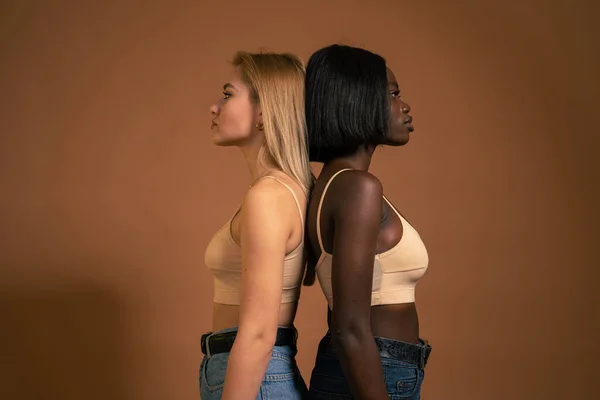Retrato de cintura hacia arriba de dos chicas de confianza internacional en sujetador beige de pie espalda con espalda aislado sobre fondo naranja oscuro —  Fotos de Stock