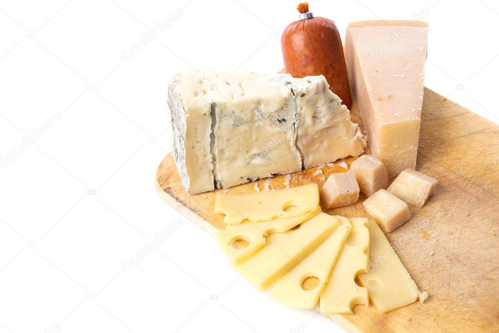 Soft french cheese of camembert and other types with sausage isolated on white background