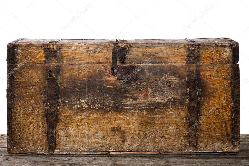 Old wooden treasure chest isolated on white, studio photo