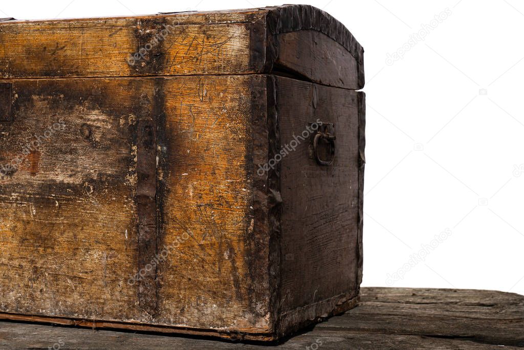 Image of an antique trunk coated with iron isolated on white background