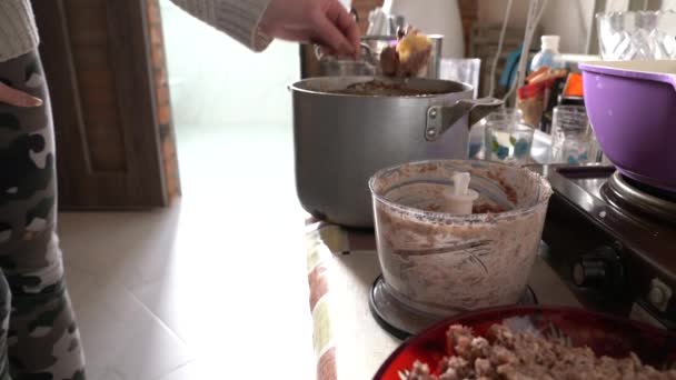 Jovem fêmea joga carne de uma panela em um liquidificador — Vídeo de Stock