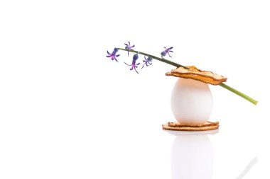 Kurumuş armut süslemeli beyaz yumurta, mor kablo çiçeği.