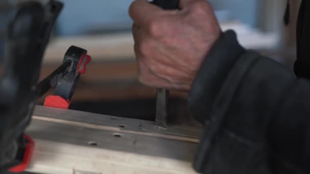 Un hombre talla un árbol. El carpintero trabaja en un estudio. Un ingeniero proporciona una forma de madera — Vídeos de Stock