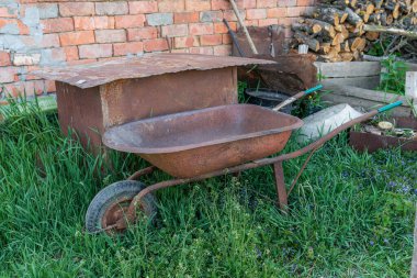 Arka plandaki kırmızı el arabası çimlerin arasında.