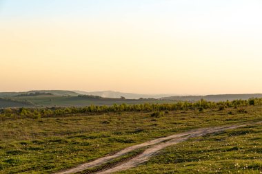 Bahar manzarası, yeşil çayır, arka planda bahçe ve dağlar.