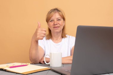 Olgun çekici iş kadını işini seviyor, evde bilgisayarla çalışıyor.