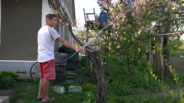 Садівник тримає обприскувач ручного шланга та поливні рослини в саду — стокове відео