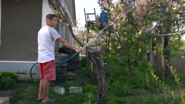 Tuinman met handslangspuit en besproeiingsinstallaties in de tuin — Stockvideo