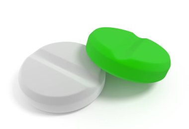 İki beyaz ve yeşil tablet izole 3d çizim