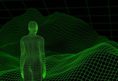 Tel kafes yeşil peyzaj üzerinde dijital adam. 3D çizim