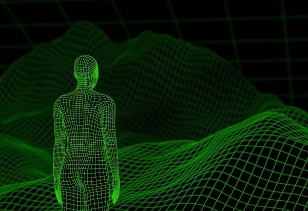 Tel kafes yeşil peyzaj üzerinde dijital adam. 3D çizim