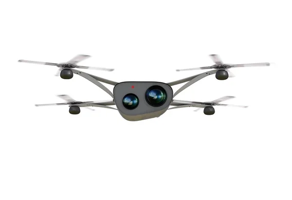 Dron de cámara moderna aislado en vuelo, vista frontal del concepto futurista negro ilustración 3D — Foto de Stock