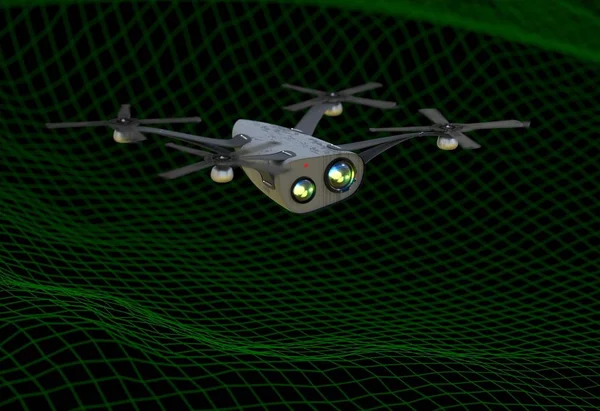 Copter realista con cámaras volando sobre el paisaje virtual 3d ilustración —  Fotos de Stock