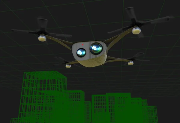 Copter realista com câmeras voando sobre a cidade virtual ilustração 3d — Fotografia de Stock