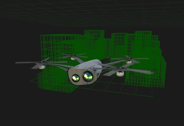 Realistic copter with cameras flying over virtual city 3d illustration — Stock Photo, Image