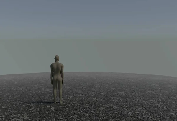 Kırık toprak 3d çizim ile bir çölde bir adam