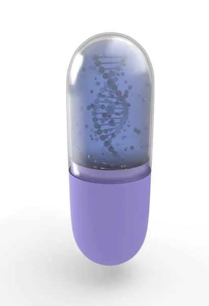 Спираль ДНК внутри капсул с таблетками, стоящих на 3D иллюстрации — стоковое фото