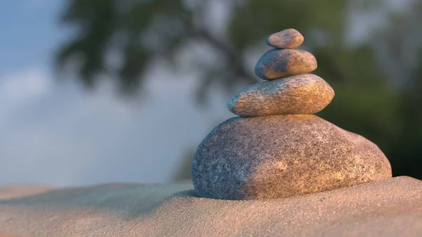 Equilibrio de piedras en la playa, amanecer 3d ilustración — Foto de Stock