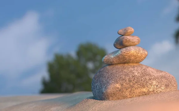 Equilibrio de piedras en la playa, amanecer 3d ilustración — Foto de Stock