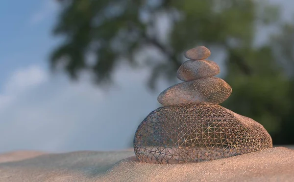 Virtual imagine balanza de piedras de alambre en la playa, la salida del sol 3d ilustración — Foto de Stock