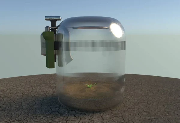 Посадка зеленой капусты у стеклянной бутылки в сухой трещине земли, чтобы спасти планету от экологической катастрофы 3d иллюстрации — стоковое фото
