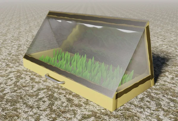 Erken Bahar 3d resimde fide yetiştirmek için mini sıcak ev