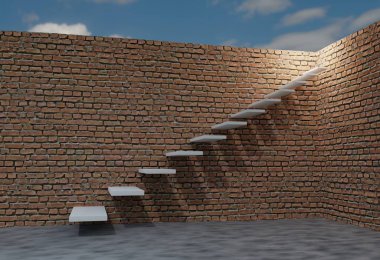 Tuğla duvar ve gökyüzü merdiven. Başarı kavramı. 3D render illüstrasyon