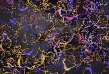 Sistem kırmızı ve mavi 3d çizim coloful nöron bağlantıları