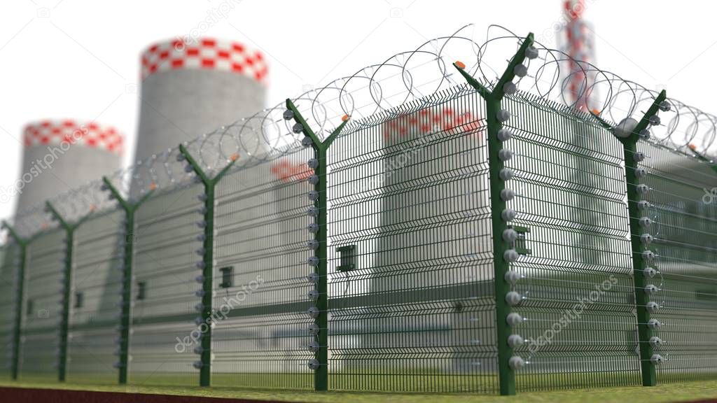 Fence security object nuclear power plant with power of detention. 3d illustration