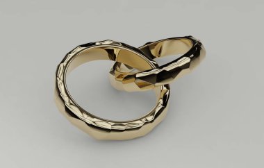 İki altın alyans birlikte izole üzerinde beyaz arka plan, voronoi stil kesişti. Evlilik, aşk, ilişkiler, öneriler, Sevgililer günü, nişan 3d çizim simgesi