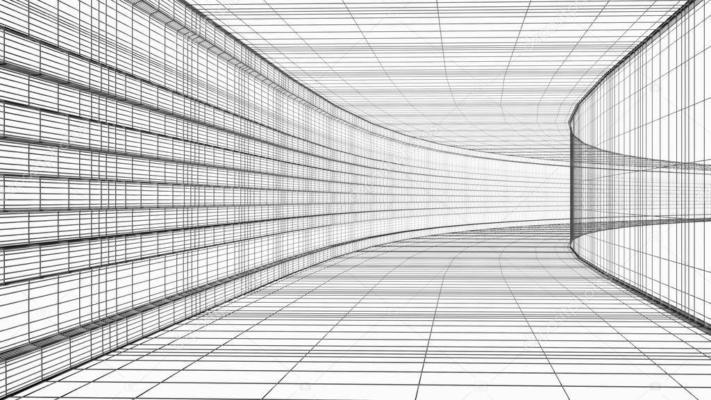 Abstract architecture wireframe structure 3D illustration isolated on white