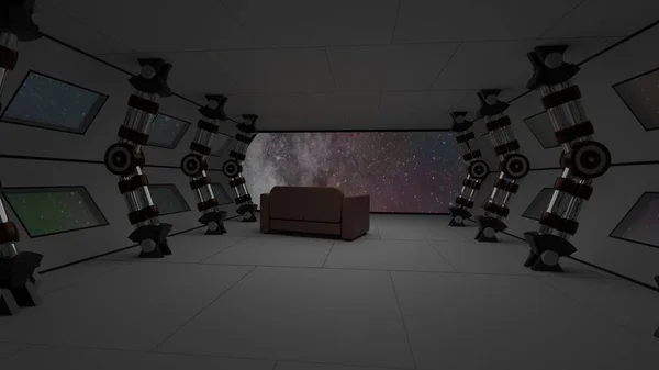 Raumschiff-Interieur mit entspanntem Sofa-Blick auf den Weltraum und das System entfernter Planeten 3D-Illustration — Stockfoto