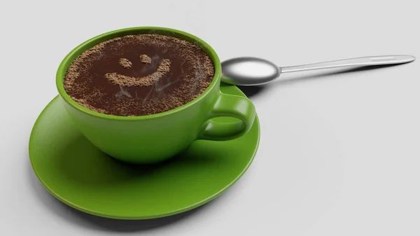 Tazza verde di caffè con schiuma come sorriso illustrazione 3d isolato su bianco — Foto Stock
