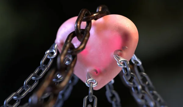 Красное сердце, закрытое цепью 3d иллюстрации — стоковое фото