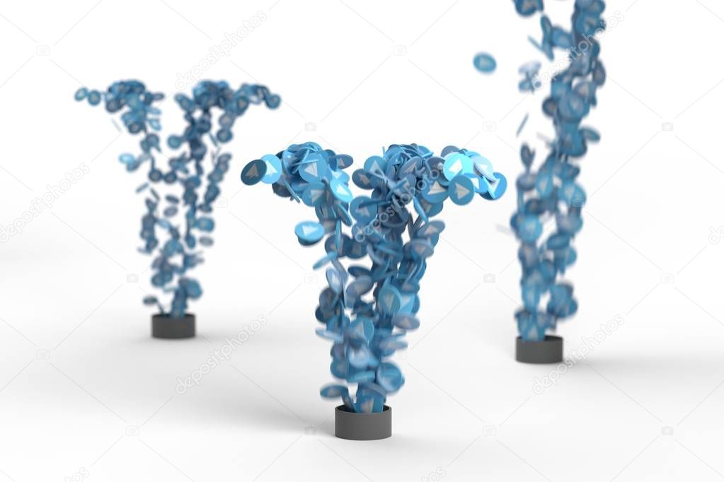 Fountain with many blue coins with white paper plane 3d render