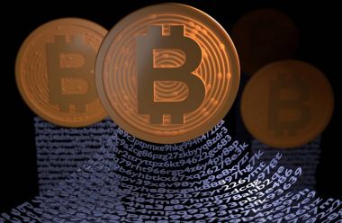 Blockchain konsepti ile Bitcoin. Cüzdan zinciri. 3D çizim