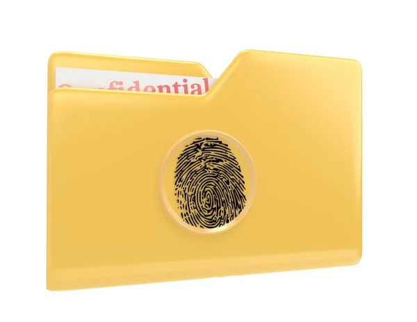 Pasta de arquivo amarelo com documentos confidenciais e ícone de ilustração 3D scanner de impressões digitais isolado no branco — Fotografia de Stock