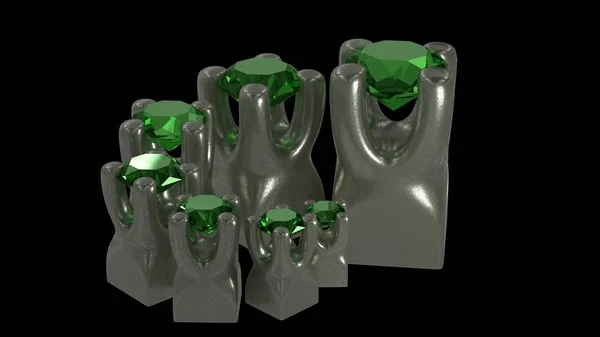 メタル ホルダー マウント 3 d イラストレーションで宝石石のセット — ストック写真