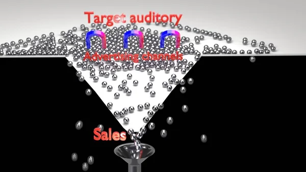 Sales funnel. Metal balls magnet and sales target. 3D illustration